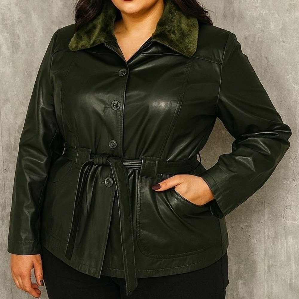 Morrow Women's Jacket L Green Belted Faux Fur Collar Button Front Coat Y2K Retro